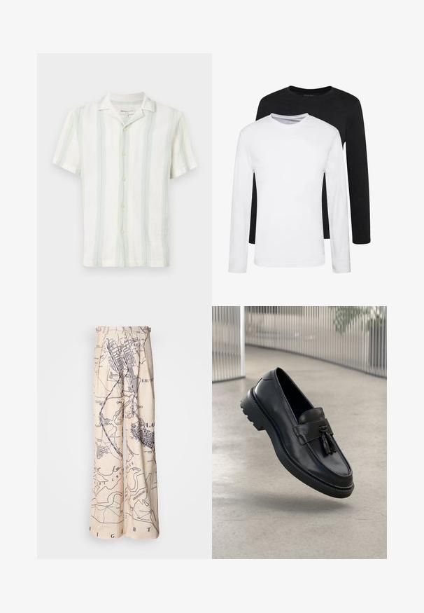 Kortermet skjorte med krage i hvit med vertikale striper i lys grønn og blå. Teksturert stoff med knapper foran og standard kant.; To lange ermer, en sort og en hvit, laget av bomull med rund hals og en glatt tekstur, vist i en stablet oppstilling.; Vide benbukser med kartmotiv i marineblått på lys beige bakgrunn, med plisserte detaljer i midjen og en avslappet passform.; Svarte skinnloafers med jevn finish, dekorativ dusk, tykk gummisåle og syede detaljer. Lettvektig og elegant design.