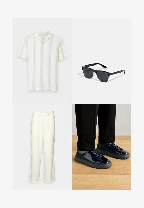 Trumpas rankovės, marškiniai su apykakle baltos spalvos su vertikaliomis šviesiai žaliomis ir mėlynomis juostelėmis. Struktūruota medžiaga su priekiniais mygtukais ir standartine apatine dalimi.; Neryškios baltos lino kelnės su raišteliu liemens srityje, šiek tiek plačiomis kojomis ir sukniustais mankštiniais kraštais, suteikiančiais laisvą prigludimą. Be kišenių.; Juodos patentuotos odinės sportbačiai su tekstūruota guma, apvaliu nosiu ir atitinkamomis juodomis raištelėmis, derinami su juodomis kelnėmis ant medinio grindų.; Juodos saulės akinių su stačiakampiu rėmeliu, tamsiais lęšiais, sidabrinėmis detalėmis šventrajose ir matinio paviršiaus rėmeliu.
