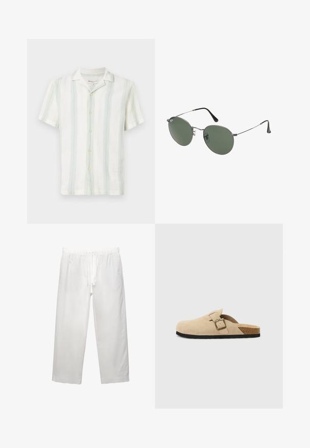 Lyhythihainen, kauluksellinen paita valkoisena, vaaleanvihreillä ja sinisillä pystyraitoilla. Rakennekangas etunapeilla ja tavanomaisella helman muotoilulla.; Valkoiset pellava-housut, joissa on elastinen vyötärö ja naru, leveät lahkeet ja siistit saumat. Sileä pinta ja rento istuvuus.; Beige mokkasiner i semsket skinn med korksåle, rund tå og en enkel stropp med gulltone spenne. Gummisåle for godt grep.; Aurinkolasit metallikehyksillä, joissa on soikeat vihreät linssit. Ohut hopeinen metallikehys ja mustat korvapehmusteet. Minimalistinen muotoilu, ei näkyviä logoja.