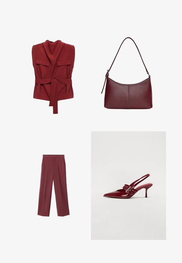 Top roșu dintr-un material moale, cu guler înalt, două buzunare frontale, o curea și un design lejer.; Pantaloni largi de culoare vișinie, cu o textură fină, dotate cu buzunare laterale și un design cu talie înaltă. Croiți cu o pliu curat pe față.; Pantofi cu toc slingback din piele roșie lacuită, cu vârf ascutit, două curele cu cataramă și un toc subțire, de înălțime medie. Textură netedă.; Geantă din piele bordo cu o formă curbată, un singur mânere pentru umăr și detalii cusute în centru. Textură netedă, hardware minim.