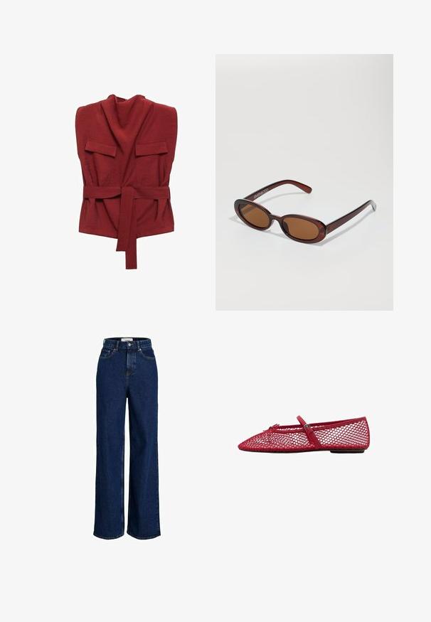 Top avvolgente rosso realizzato in tessuto morbido, con collo alto, due tasche anteriori, una cintura e un design a vestibilità ampia.; Jeans in denim scuro a vita alta, con gamba ampia, bottone frontale e design a cinque tasche.; Ballerine in rete rossa con punta affusolata, dotate di una sottile cinghia e dettaglio a fibbia. La parte superiore presenta un motivo aperto a nido d'ape.; Occhiali da sole rotondi con tonalità marrone, montatura lucida color bordeaux. Aste sottili con un sottile dettaglio del marchio. Design delle lenti piatte.