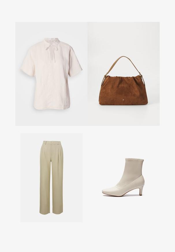 Heledbees linane pluus, millel on ümar krae sidumisrihmaga, lühikesed varrukad ja sirge hem, millel on peen tekstuur.; Beezhides laiad püksid, mis on valmistatud siledast kangast, millel on ees pleated, meisterdatud vöökoht ja küljetaskud. Puhtad allääred.; Valge pahklöök made of sile nahk, terava ninaga ja lühikese, kitseneva kanna ning minimalistliku disainiga ja saumatult pealpool.; Pruun nubukist käekott, millel on kokku tõmmatud disain, ühesaanvärvilise naha rihmaga ja esiküljel peen kuldne logo detail.