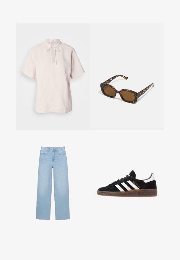 Vászon blúz világos bézs színben, kerek nyakkal, megkötős záródással, rövid ujjal és finom textúrájú egyenes aljjal.; Világoskék, bő szabású farmernadrág, magas derekú, egyenes fazonú, öt zsebes kialakítással és letisztult szegéllyel.; Fekete Adidas sneaker fehér csíkokkal, arany "Spezial" felirattal, gumitalppal és fehér saroktabbal, profil nézetben bemutatva.; Teknősbéka mintázatú napszemüveg kerek, vastag kerettel és barna lencsékkel. Finom mintázattal és egyenes, keskenyedő szárakkal rendelkezik.; Barna velúr kézitáska, gyűjtött kialakítással, egyetlen világosbarna bőrszíjjal és egy diszkrét arany logós részlettel az elején.