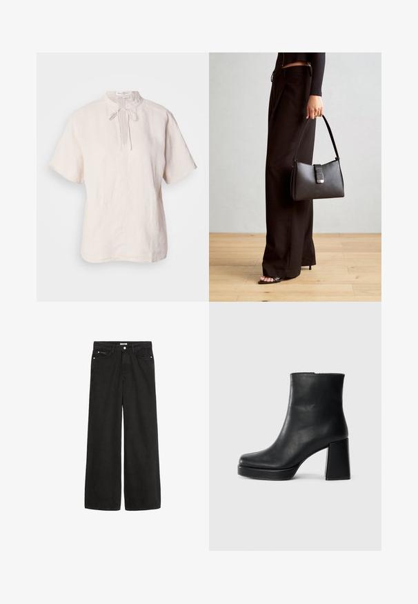 Linenová blúzka v svetlo béžovej farbe, s okrúhlym golierom a uväzovaním, krátkymi rukávmi a rovnými okrajmi s jemnou textúrou.; Široké čierne denímové džínsy s vysokým pásom. Obsahujú päť vreciek, kovové doplnky a čistý vzhľad. Textúra je hladká a jemná.; Čierne kožené členkové topánky s blokovým podpätkom a platformovou podrážkou, zobrazené z boku na bielom pozadí.; Čierna kabelka so štruktúrovaným tvarom, hladkou textúrou a kovovou sponou. V kombinácii so širokými čiernymi nohavicami a sandálmi s otvorenou špičkou na drevenej podlahe.