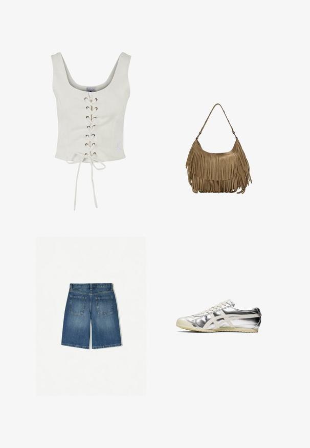 Witte cropped top met brede bandjes, vetersluiting aan de voorkant met bruine oogjes en strikdetail rond de taille. Zacht materiaal met een minimalistisch ontwerp.; Denim shorts in medium blue met een relaxte pasvorm, voorzien van twee achterzakken en een nette, rechte zoom. Klassiek vijfzakkenontwerp.; Zilveren metallic sneaker met witte accenten en veters. Beschikt over een gestructureerd oppervlak, een ronde neus en een rubberen zool met een patroon voor grip.; Bruine suède handtas met lange franjes, een gebogen vorm en een enkele schouderband. Heeft een gladde, gestructureerde oppervlakte.