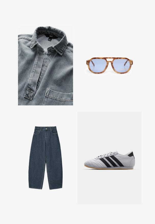 Chemise en denim gris avec une patte de boutonnage sans boutons, un col pointu et une poche poitrine simple. Présente des coutures visibles et un tissu texturé.; Jeans en denim bleu foncé à jambes larges avec une taille haute, dotés de cinq poches et de détails de couture visibles. Design épuré et minimal.; Baskets de sport grises avec une finition en cuir lisse, arborant trois rayures noires, un bout rond et une semelle en caoutchouc couleur gomme.; Lunettes de soleil écaille de tortue avec des verres bleus, design angulaire, monture épaisse et découpe au niveau du nez ; dispose d'un accent doré sur la branche.