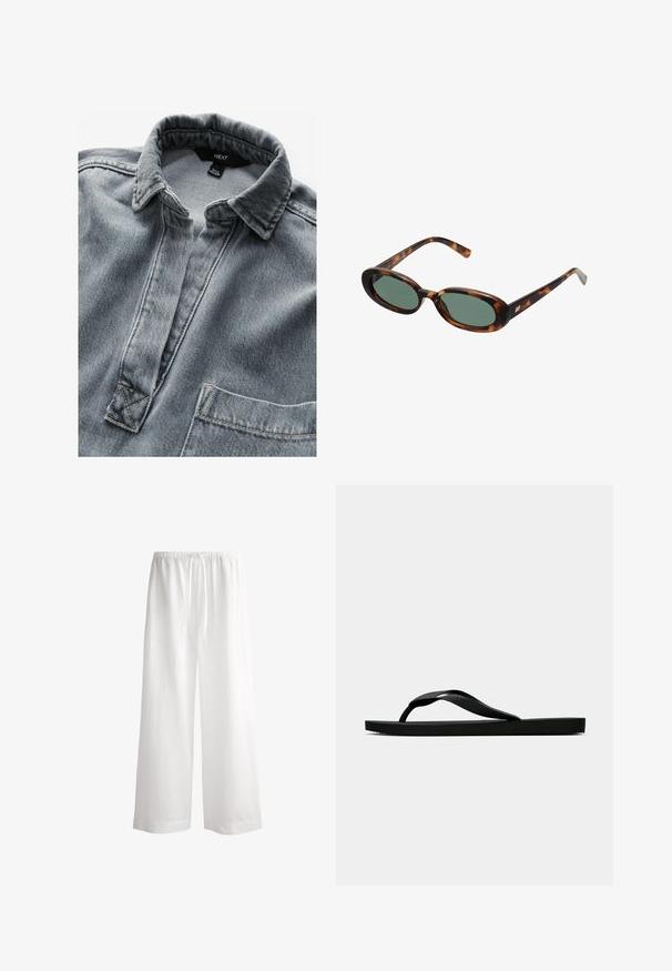 Grijze denim overhemd met een knopenloze sluiting, puntige kraag en één borstzak. Heeft zichtbare stiksels en een gemêleerde stof.; Witte linnen wijde broek met een elastische tailleband, trekkoord en een losse, vloeiende pasvorm, met schone randen en geen zichtbare patronen.; Zwarte rubberen flip-flop sandaal met een getextureerde strap en een eenvoudige platte zool, zijaanzicht op een effen lichte achtergrond.; schildpadbril met ovale monturen en groene lenzen. Heeft dunne spijlen met een metalen accent nabij de scharnieren.