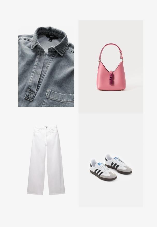 Grå denimskjorte med en knapfri placket, spids krave og enkelt brystlomme. Har synlige sømme og struktureret stof.; Hvide brede ben jeans lavet af denim. Har knaplukning, front- og baglommer samt syede sømme. Glat tekstur med minimal detaljering.; Sportsko med en overdel i hvid læder, grå ruskind på tåen og tre sorte striber. Har et blåt logo på tungen og en struktureret gummisål.; Lyserød læderhåndtaske med en struktureret form, der har en blank accenteringslås og en enkelt justerbar rem. Tekstureret finish med guldhardware.