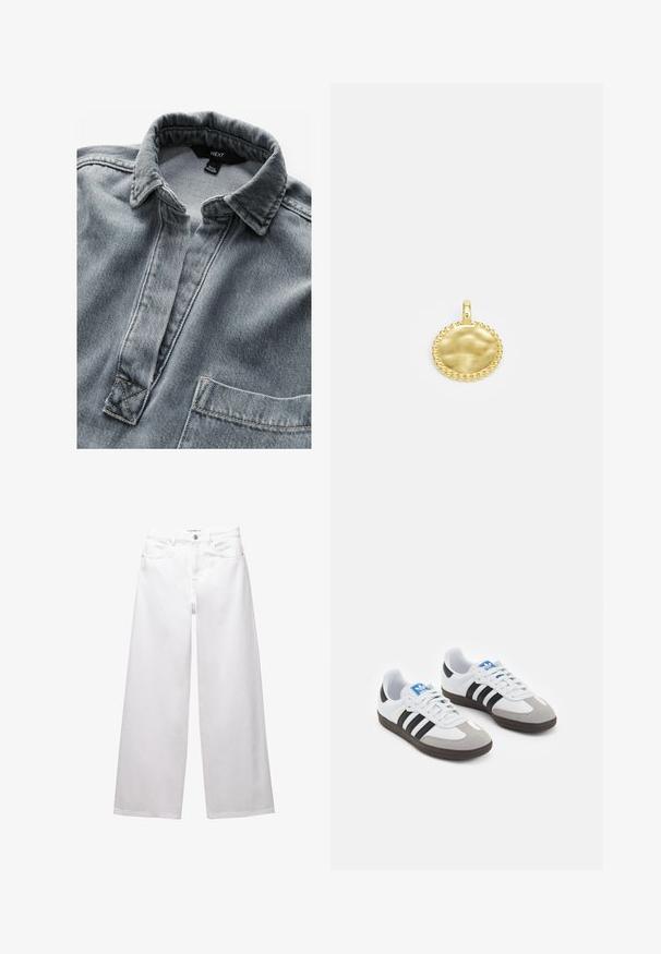 Grau denim Hemd mit einer knopflose Leiste, spitzem Kragen und einer einzelnen Brusttasche. Es verfügt über sichtbare Nähte und strukturierten Stoff.; Weiße weit geschnittene Jeans aus Denim. Mit Knopfverschluss, Vorder- und Gesäßtaschen sowie gesteppten Nähten. Glatte Textur mit minimalen Details.; Sportschuhe mit einem Obermaterial aus weißem Leder, grauer Wildleder-Zehenkappe und drei schwarzen Streifen. Sie verfügen über ein blaues Logo auf der Zunge und eine strukturierte Gummisohle.; Runder goldener Anhänger mit einer glatten, spiegelnden Oberfläche, die von einem strukturierten, Perlenrand umgeben ist, sowie einer Schlaufe zur Befestigung.