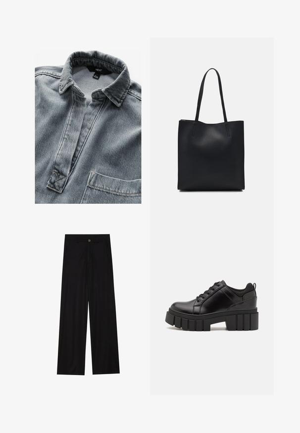 Šedá denimová košeľa bez lišty na gombíky, s špicatým golierom a jednou náprsné kapsou. Obsahuje viditeľné švy a textúrovanú látku.; Široké čierne nohavice vyrobené z hladkej tkaniny, so šikmými prednými vreckami a gombíkovým zapínaním v páse. Minimalistický dizajn bez vzorov.; Čierne kožené platformy s masívnym blokovým podpätkom, okrúhlou špičkou a tradičným šnurovaním. Má hladký povrch a minimálne detaily.; Čierna kožená taška na rameno s hladkým povrchom, obdĺžnikovým tvarom a dvoma dlhými uchami. Bez viditeľného kovania alebo ozdôb.