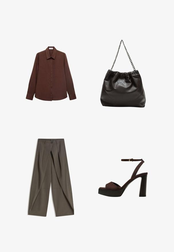 Brun långärmad skjorta med spetsig krage, knappar fram, bröstficka och en texturerad tygfinish.; Breda byxor i en strukturerad, mörkgrå tyg. Har en framfålla, knäppning med knapp och sidofickor för praktisk användning.; Bruna mocka högklackade sandaler med öppen tå, justerbar vristrem och en randig plattformssula.; Brun läderväska med rynkad topp och kedjesnodd. Slät textur med en blankslipad yta och subtila sömdetaljer på sidorna.