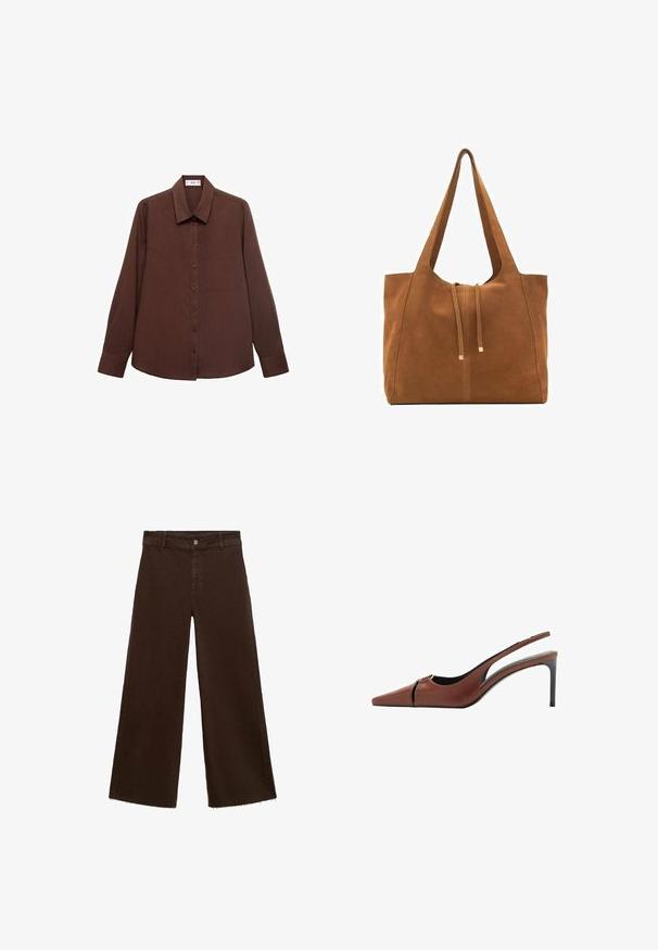 Smeđi dugosleeve majica s oštrim ovratnikom, prednjim gumbima, džepom na prsima i teksturiranom supstancom.; Smeđe široke hlače od pamuka, s raspucanim rubom, prednjim kopčanjem na dugme i klasičnim dizajnom s pet džepova. Minimalističke i svestrane.; Smeđa kožna slingback potpetica s iznimno šiljastim vrhom, izrezanom detaljom na gornjem dijelu i elegantnom stiletto potpeticom. Glatka tekstura.; Smeđa antilop torba za ruke s dva duga remena, zatvaranje na vezicu i minimalistički dizajn. Glatka tekstura i bez vidljivih metalnih elemenata.