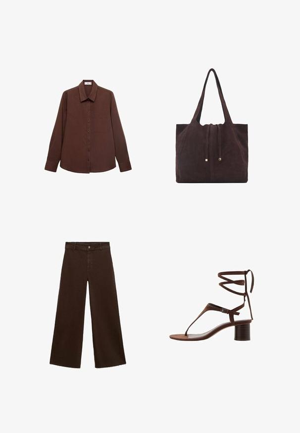 Braunes Langarmhemd mit spitzem Kragen, Knopfleiste vorne, Brusttasche und einer strukturierten Stoffoberfläche.; Braune, weit geschnittene Hosen aus Baumwollmischung mit fransigem Saum, vorderem Knopfverschluss und klassischem Fünf-Taschen-Design. Minimalistisch und vielseitig.; Braune Wildleder-Peeptoe-Sandale mit einem dreieckigen Zehenriemen, Knöchelbindern und einem strukturierten Blockabsatz für Stabilität.; Mango Shopping Bag - dark brown