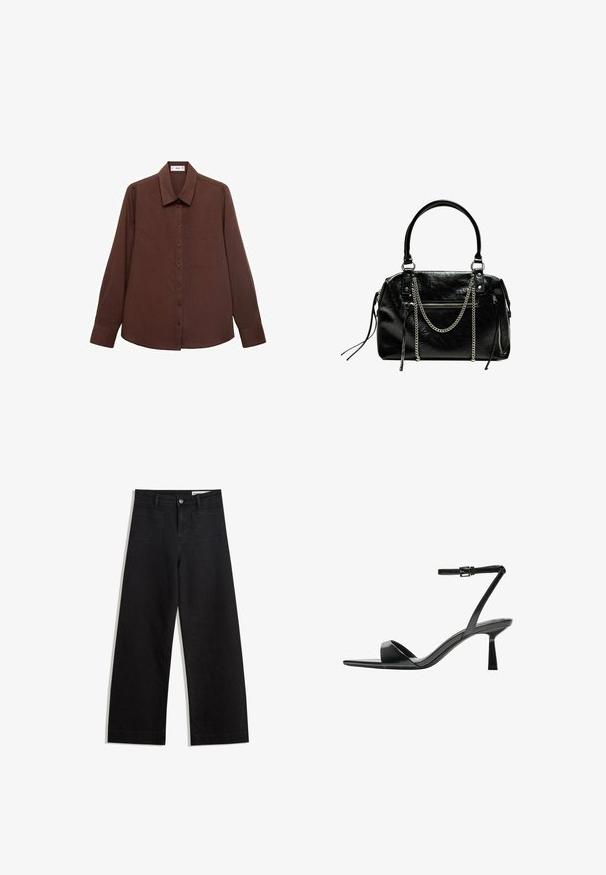 Bruine langslijfhemd met een puntkraag, knopen aan de voorkant, borstzak en een textuurafwerking.; Zwarte denim broek met wijde pijpen en een hoge taille, voorzien van voor- en achterzakken, gestikte naden en een knoopsluiting. Gladde textuur.; Bershka Sandalen met hoge hak - black; Bershka WITH CHAIN - Handtas - black