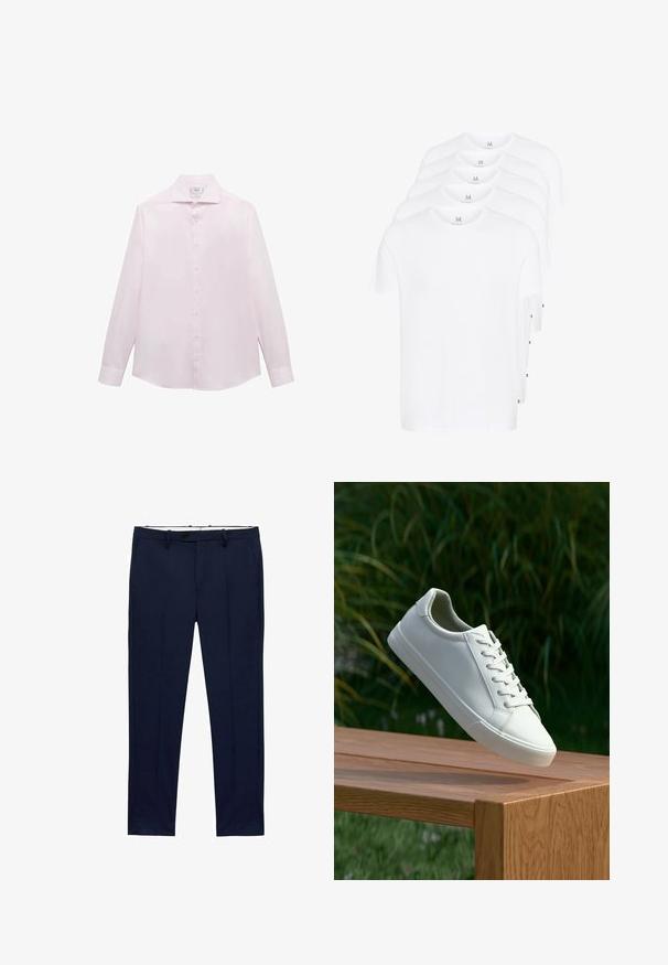 Vaaleanpunainen pitkähihainen paita, jossa on klassinen kaulus, seitsemän valkoista nappia edessä ja kaareva helma. Sujuva, kevyttä kangasta.; Valkeat lyhythihaiset t-paidat pinottuna, valmistettu puuvillasta. Ominaisuuksina pyöreä kaula-aukko ja suora leikkaus. Kangas näyttää sileältä ilman kuvioita.; Tummansiniset housut, joissa on kapea malli ja viivoituskuvio. Varustettu vetoketjulla, vyölenkeillä ja etutaskuilla. Sujuva kangas.; Valkoiset nauhalla kiinnitettävät lenkkarit leijuvat puupenkillä, taustalla vihreää kasvillisuutta, tuoden esiin kengän muotoilua ja pintarakennetta.