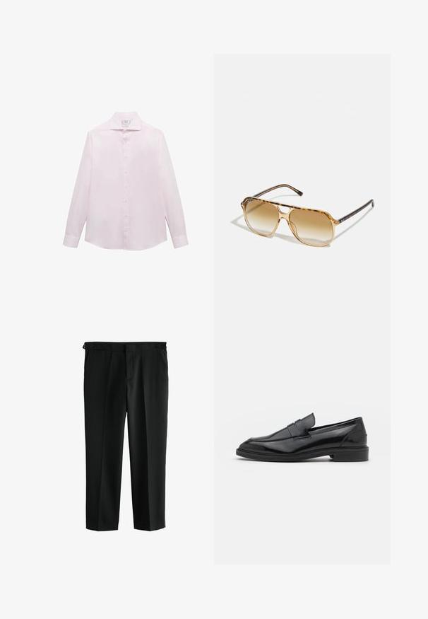Rosa långärmad skjorta med klassisk krage, sju vita knappar framtill och rundad nederkant. Slätt, lättviktigt tyg.; Svarta byxor med rak passform, tillverkade av mjukt tyg. Har två framfickor och en midja med bälteshällor.; Svarta läderloafers med en slät finish, med rund tå och en smal rem över framsidan. Låg klack.; Sköldpaddsögon med rektangulär ram, bruna gradientlinser och slanka svarta glasögonarmar med subtila logotypdetaljer.