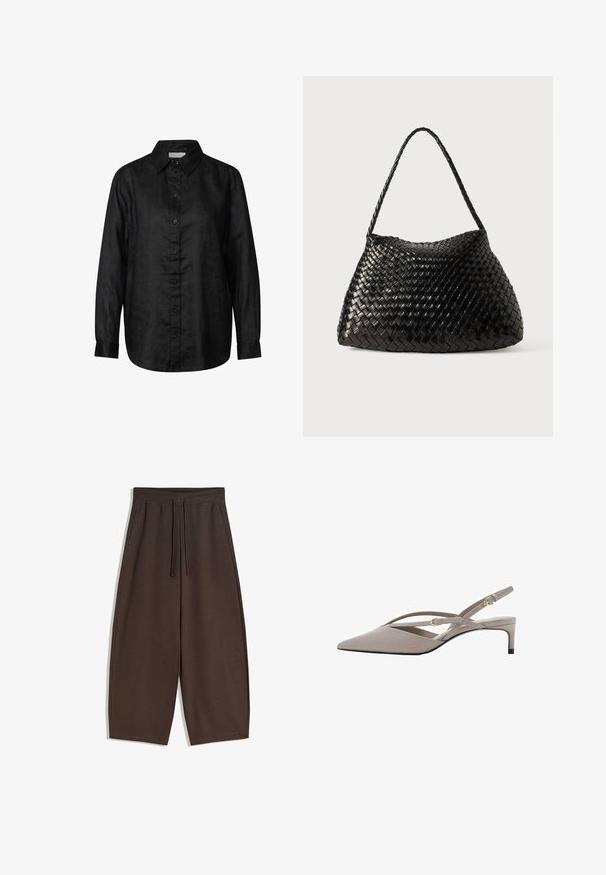 Zwarte linnen overhemd met een knoopsluiting aan de voorkant, lange mouwen, een puntige kraag en een relaxte pasvorm. Gelaagde stof met een subtiele glans.; Bruine broek met brede pijpen gemaakt van zacht materiaal, voorzien van een elastische tailleband en trekkoord, met een gladde textuur en een strak ontwerp.; Beige slingback hakken met een spitse neus, dunne kruislings gespen en een korte stiletto hak. Zachte stof met accenten van goudkleurig beslag.; Zwarte geweven leren handtas met een gebogen, zachte vorm en een enkele gevlochten schouderband, gekenmerkt door een gladde textuur en een ingewikkeld patroon.
