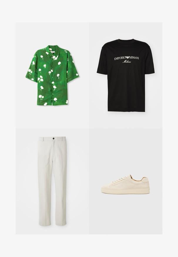 Žalia trumpomis rankovėmis mygtukinė marškinėliai su baltais gėlių raštais, turintys stovyklos apykaklę ir laisvą siluetą. Tekstūruota, lengva medžiaga.; Juodas medvilninis marškinėliai su apvaliu iškirpu, trumpomis rankovėmis ir baltu "EMPORIO ARMANI" logotipu virš "Milano" kreivame dizaino.; Bežiniai tiesūs keliai su diržo kilpomis, priekiniais mygtukais ir užtrauktuku, išdėstyti ant balto fono.; Šviesiai rudos zomšinės sportbačiai su žemu profiliu, apvaliu pirštu, plokščiomis raišteliais ir tekstūruota guma. Minimalistinis stilius be matomų logotipų.