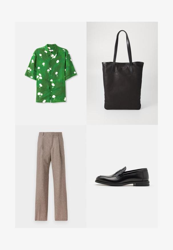 Koszula z krótkim rękawem, zapinana na guziki, w zielonym materiale z białym kwiatowym nadrukiem, z kołnierzem kampowym i luźnym krojem. Teksturowany, lekki materiał.; Brązowe, wysokiej talii spodnie wykonane z teksturowanej tkaniny. Posiadają szerokie nogawki i dwa przednie zakładki dla lepszej struktury. Starannie wykończone, bez widocznych elementów metalowych.; Czarne skórzane mokasyny o gładkiej fakturze, zaokrąglonym nosku i dekoracyjnym pasku na przodzie. Niski, warstwowy obcas, minimalistyczny design.; Czarna torba na ramię z czarnymi skórzanymi uchwytami. Prosty design, pojemne wnętrze i gładka faktura. Bez widocznych logo ani wzorów.