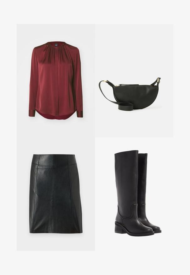 BOSS BANORAH - Blúzka so zapínaním na gombíky - dark red; Čierna kožená sukňa s priliehavým strihom. Hladká textura, švy zvýrazňujúce tvar a rovný lem. Minimalistický a elegantný vzhľad.; Čierne kožené čižmy po kolená s hladkou textúrou, zaoblenou špičkou a hrubým podpätkom. Obsahujú jemné švy a elegantný design.; Čierna kožená crossbody taška v tvare polmesiaca, s textúrovaným povrchom, zlatým zipsom a plochým popruhom. Kompaktný dizajn vhodný pre nevyhnutnosti.; Strieborné kruhové náušnice s lešteným povrchom, s obvodovým dizajnom a bezšvíkovými pántmi, ktoré majú hladkú textúru.