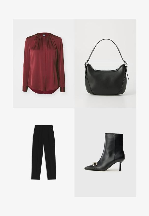 BOSS BANORAH - Camicia - dark red; Pantaloni neri a taglio dritto, con doppie pieghe, una texture liscia e un design classico in vita. Nessun hardware o dettaglio visibile.; Stivale alla caviglia in pelle nera con punta affusolata, tacco sottile di media altezza e dettaglio in fibbia argentata sul lato, su sfondo semplice.; Borsa in pelle nera con forma curva, zip argentata e manico corto. Presenta un logo discreto sulla parte anteriore e una texture liscia.