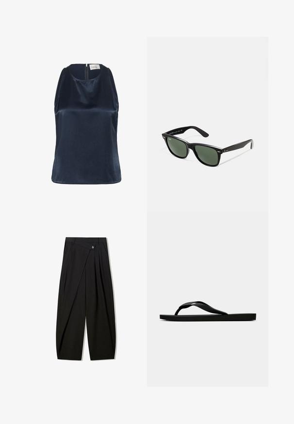 My Essential Wardrobe ESTELLE - Top - after midnight; Twee basis tanktops in zwart en wit, gemaakt van een gladde, rekbare stof. Voorzien van dunne bandjes en een eenvoudig, getailleerd ontwerp.; Zwarte brede pantalon gemaakt van soepele stof, met voorkeerdiezels, een knoopsluiting en een maatwerkontwerp voor een gestructureerde silhout.; Zwarte rubberen flip-flop sandaal met een getextureerde strap en een eenvoudige platte zool, zijaanzicht op een effen lichte achtergrond.; Zwarte plastic zonnebril met groene lenzen, vierkante montuur, zilveren accent op de wenkbrauw en een gestructureerde tempel. Merken vermeld op de binnenkant van de arm.; Kleine zwarte glanzende leren trekkoord portefeuille met korte handvaten op een lichtgrijze achtergrond.