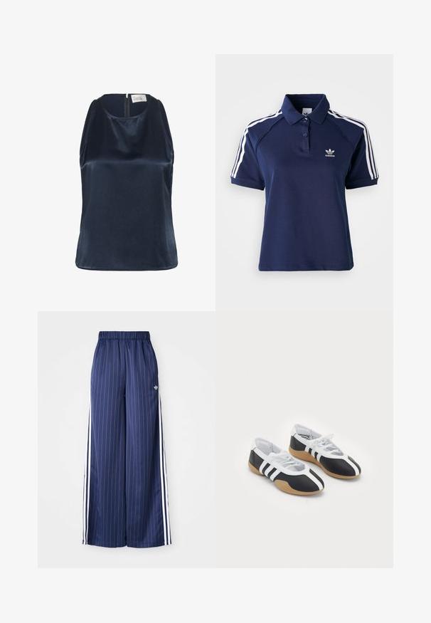 My Essential Wardrobe ESTELLE - Top - after midnight; Navy Polohemd aus Baumwollmischung mit Kragen, drei Knöpfen und weißen Streifen an den Schultern; verfügt über ein gesticktes Logo.; Navyblaue, weit geschnittene Hose mit vertikalen weißen Streifen, elastischem Bund und drei weißen Streifen an jeder Seite, aus leichtem Material gefertigt.; Schwarz-weiße Sportschuhe mit einem eleganten Design, Gummisohle, Schnürverschluss und drei weißen Streifen an den Seiten.