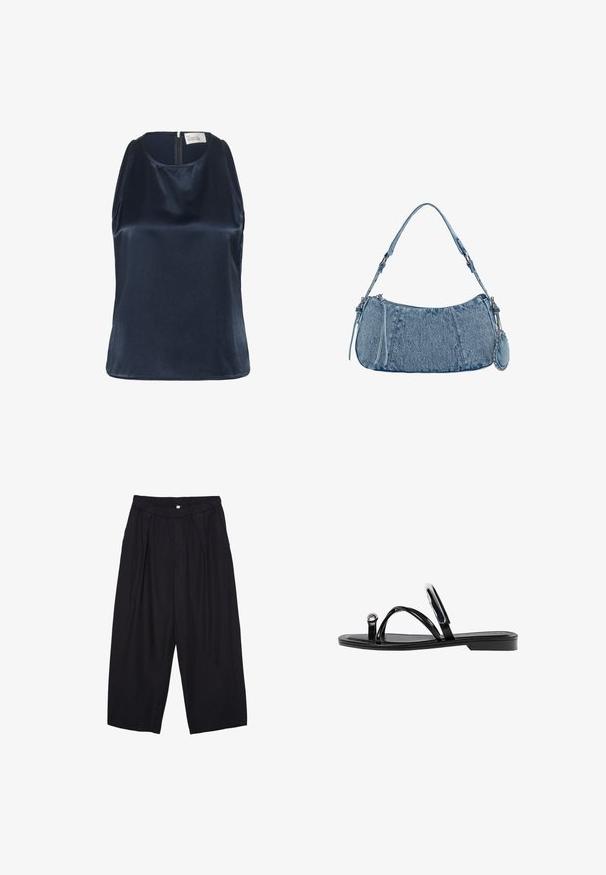 My Essential Wardrobe ESTELLE - Top - after midnight; Pantaloni culotte neri in poliestere con una cintura elastica, due pieghe frontali e una silhouette ampia. Nessun motivo visibile o dettagli in metallo.; Infradito neri con una finitura lucida, tre sottili cinturini e un dettaglio hardware circolare sulla punta. Design elegante con un tacco minimale.; Borsa in denim con forma curvata, colore azzurro chiaro, tracolla regolabile e una piccola pochette staccabile con accenti metallici.
