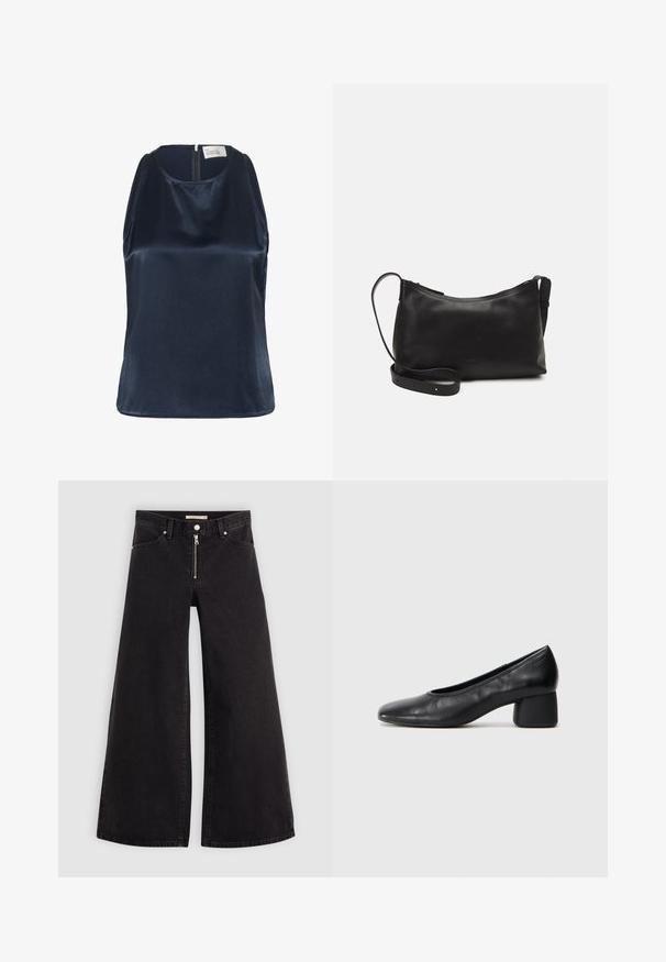 My Essential Wardrobe ESTELLE - Top - after midnight; Wijdvallende jeans van zwarte denim met een ritssluiting aan de voorkant, vijf zakken en subtiele stikdetails. Soepele textuur en casual stijl.; Zwarte leren pump met een ronde neus en een middenblokhak. Glad textuur met minimale details, voorzien van een subtiele elastische opening.; Zwarte leren schoudertas met een gladde textuur, gebogen vorm, verstelbare schouderband en een ritsafsluiting. Minimalistisch ontwerp zonder versieringen.