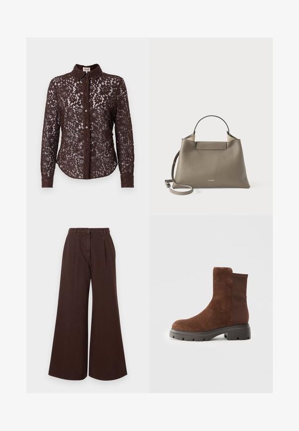 Brown lace button-up shirt with a collar, long sleeves, floral patterns, and a slightly curved hem. Textured fabric with transparent elements.; High-waist wide-leg brown pants with button and zipper closure, belt loops, and front pleats.; Brown suede ankle boot with elastic side panels, rounded toe, and a thick rubber sole featuring a textured tread pattern.; Textured gray leather handbag with a top handle and adjustable shoulder strap, featuring a minimalist design and subtle branding embossed on the front.