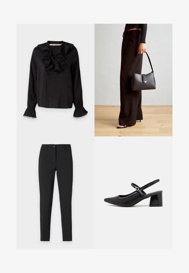 Blusa nera con scollo a V arricciato, maniche lunghe con polsini arricciati e dettagli in passamaneria, realizzata in un tessuto morbido.; Pantaloni neri attillati in tessuto liscio, con una vita classica, zip frontale e tasche laterali, dal design elegante e sartoriale.; Décolleté in vernice nera con cinturino dietro, punta affusolata, design con ritagli arrotondati e tacco a blocco. Presenta un accento di fibbia tono oro.; Borsa nera con forma strutturata, texture liscia e una chiusura metallica. Abbinata a pantaloni neri larghi e sandali open-toe su un pavimento in legno.