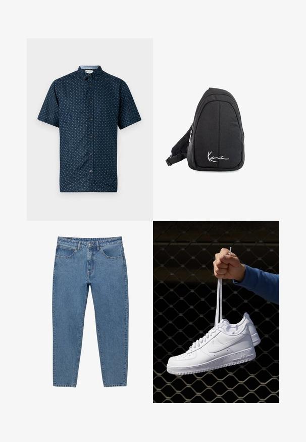 Navy sininen lyhythihainen nappipaita, jossa on pieni valkoinen lehvämäinen kuvio, kaulus ja tummat napit. Valmistettu kevyestä kankaasta, sileä pinta.; Siniset farkut suoralla lahkeella, viisi taskua ja vetoketjukiinnitys. Ominaisuuksiin kuuluu näkyvät tikkaukset ja haalistunut rakenne.; Valkoiset nahkasneakersit, joissa on rei'ityksiä, pyöreä kärki, tasapohja ja paksut nauhat, joissa on näkyvä swoosh-logo ja "AIR" kantapäässä.; Musta kangaskassireppu, jossa on sileä pinta, kaareva muotoilu, vetoketjullinen osio ja valkoinen logo etupuolella.