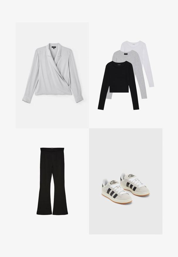 Theory LAPEL WRAP - Blouse - platinum; Drie langmouwige tops gestapeld: zwart, grijs en wit. Elke top heeft een ronde halslijn en een cropped ontwerp van soepel, lichtgewicht materiaal.; Zwarte flare leggings gemaakt van rekbaar materiaal. Beschikt over een brede tailleband en een zachte textuur, met een getailleerd silhouet dat uitloopt bij de zoom.; Grijze nubucklederen sneakers met witte veters, zwarte strepen en een witte rubberen zool. Bevat een rond logo op de tong en een gumzool.