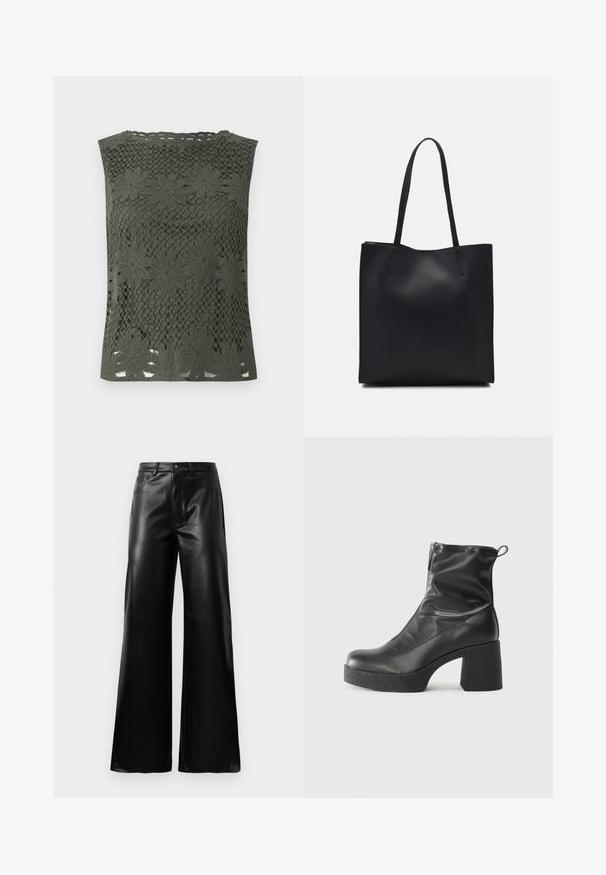 Zelena brezrokavna majica iz čipke, okrašena s cvetličnimi vzorci in valovitim izrezom. Zasnovana z zapletenimi odprtimi detajli.; Črne široke hlače iz umetnega usnja z visokim pasom, sprednjim gumbom, zadrgo, zanke za pas in stranskimi žepi na beli podlagi.; Črne gležnjarje iz gladke kože z božnim zadrgo, masivnim teksturiranim peto in zaobljeno obliko prstov.; Črna usnjena torba s svilnato teksturo, pravokotne oblike in dvema dolgima ročajema. Brez vidnih metalnih delov ali okrasnih elementov.