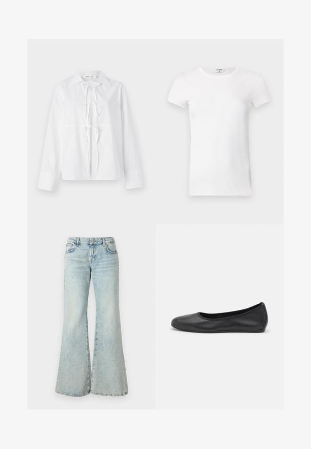 Valge pika varrukaga särk, mis on valmistatud siledast kangast, sisaldab nööpidega kaelust, ees oleva sidumist ja mansettidega varrukaid. Lihtne ja puhas disain.; Valge ribaga lühikeste varrukatega T-särk ümmarguse kaelusega. Kude tundub siledana ja see on keha lähedal istuv. Brändi silt on nähtav krae juures.; Heledad sinised flared teksad, mis on valmistatud denimist, kõrge vöökoha, taskute ja kulunud äärtega. Kangas näitab tuhmumist ja peent tekstuuri.; Musthave mustika tantsutossud mustast nahast, ümmarguse varbaga, siledast tekstuurist, minimaalse õmblusdetailiga ja paindliku tallakujundusega.