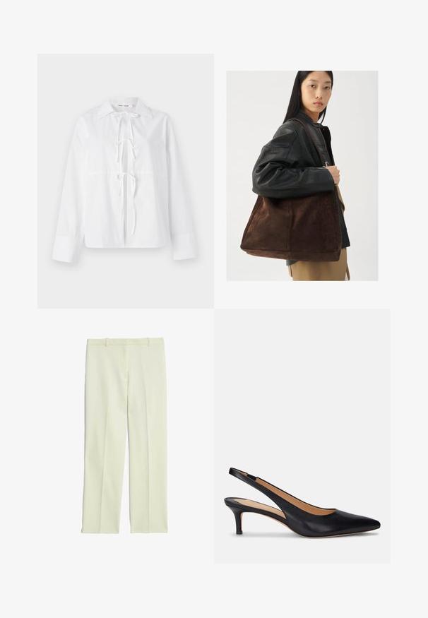 Weißes Langarmhemd aus glattem Stoff mit button-down Kragen, vorderem Krawattenverschluss und geknöpften Ärmeln. Einfaches und klares Design.; Cremefarbene, maßgeschneiderte Hosen mit geradem Schnitt, flachem Front, Gürtelschlaufen und glatter Oberfläche.; Schwarzer Leder Slingback-Pump mit spitzer Zehenform, niedrigem Kitten-Absatz und glatter Oberfläche. Verfügt über ein offenes Rückendesign und minimale Nahtdetails.; Eine Frau trägt eine schwarze Lederjacke und beige Hosen und hat eine große braune Wildleder-Tasche über der Schulter.