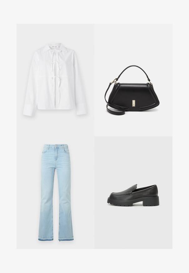 Biela košeľa s dlhým rukávom vyrobená z hladkej tkaniny má golier na gombíky, predné viazanie a manžety s gombíkmi. Jednoduchý a čisty dizajn.; Svetlomodré rozšírené džínsy z denimovej látky, s vysokým pásom, prednými vreckami a surovým lemom na manžetách pre ležérny vzhľad.; Čierne kožené mokasíny s okrúhlou špičkou, hrubou textúrovanou podrážkou a minimom stehovej výzdoby. Štíhly dizajn bez viditeľných šnúr alebo kovania.; Čierna kožená kabelka so štruktúrovaným dizajnom, s krátkym tvarom, hornou rúčkou a zlatými prvkami. Súčasťou je nastaviteľný ramenný popruh.