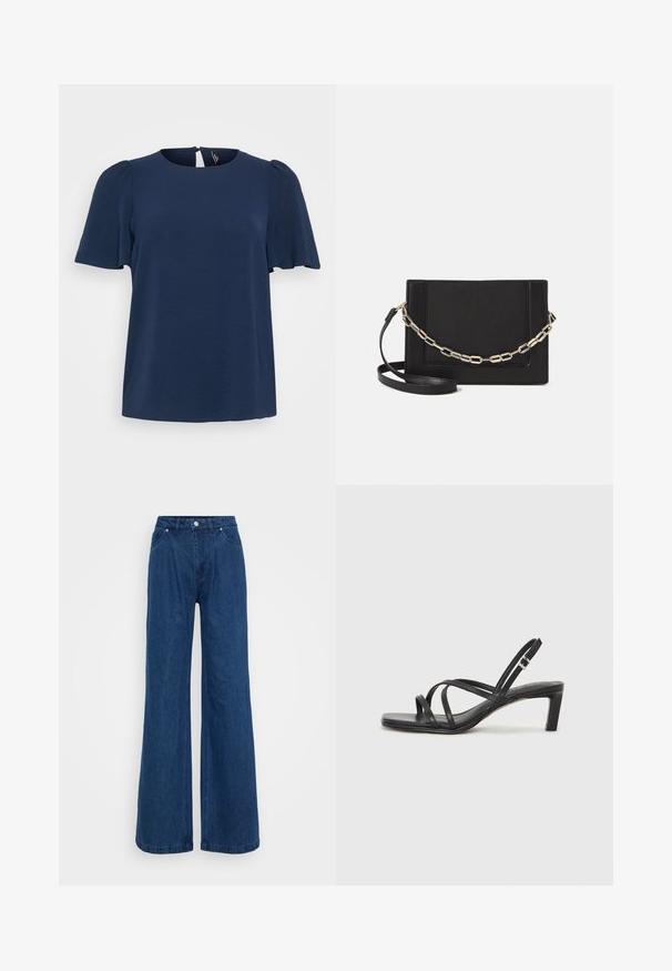 Navy blue short-sleeve top with a textured finish, round neckline, and a keyhole opening at the back. Relaxed fit.; Wide-leg blue denim jeans with a high waist, front button and zipper closure, and front and back pockets against a plain background.; Black strappy sandal with a square toe and a low block heel. Features multiple thin straps and an adjustable ankle strap. Made of smooth leather.; Black leather crossbody bag featuring a smooth texture, rectangular shape, and a metallic chain detail on the front. Adjustable strap included.; Silver double-band ring with a smooth, polished surface. Features a fluid, curved design with overlapping sections for a modern look.