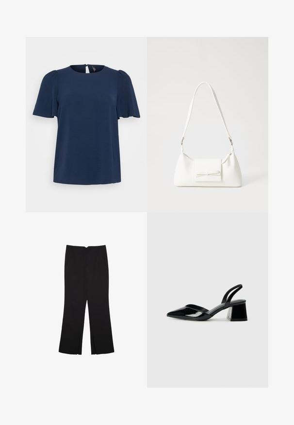 Granatowa bluzka z krótkim rękawem o fakturowanym wykończeniu, okrągłym dekolcie i otworze w kształcie łezki z tyłu. Luźny krój.; Czarne spodnie o prostym kroju, z przednimi kieszeniami i bocznymi rozcięciami na dole. Wykonane z miękkiego, gładkiego materiału. Odpowiednie na różne okazje.; Czarne lakierowane półbuty na obcasie z wydłużonym noskiem i geometrycznym słupkiem. Charakteryzują się eleganckim, minimalistycznym designem oraz gładką fakturą.; Biała syntetyczna torba o trójkątnym kształcie, płaskim przednim klapce i detalach w postaci kokardy, regulowanym pasku, gładkiej fakturze oraz minimalistycznym designie.