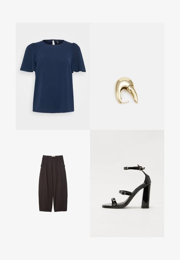 Haut à manches courtes bleu marine avec une finition texturée, un col rond et une ouverture en forme de goutte d'eau à l'arrière. Coupe décontractée.; Pantalons larges noirs en tissu lisse, avec une taille haute, des plis avant et des poches latérales. Design simple sans embellissements.; Sandales à talons vernies noires avec un bout carré, des sangles autour de la cheville et des boucles en argent. Dotées d'un talon bloc épais pour plus de stabilité.; Boucle d'oreille en métal doré avec un design élégant et courbé. Présente une forme conique distinctive, une surface polie et une fermeture à charnière.