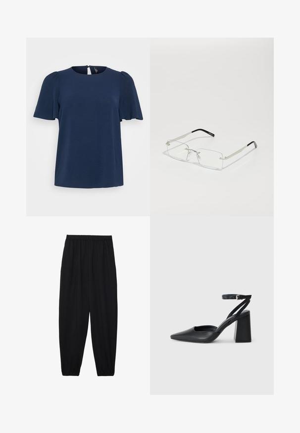 Haut à manches courtes bleu marine avec une finition texturée, un col rond et une ouverture en forme de goutte d'eau à l'arrière. Coupe décontractée.; Pantalons noirs légers avec une taille élastique et des chevilles froncées. Le tissu est lisse et présente un design décontracté et fuselé.; Escarpin noir en cuir à bout pointu avec une bride de cheville et un talon épais. Texture lisse, design élégant et esthétique minimaliste.; Lunettes rectangulaires à verres transparents avec une fine monture en métal argenté et des embouts en acétate noir. Présente un matériel minimal pour un design épuré.