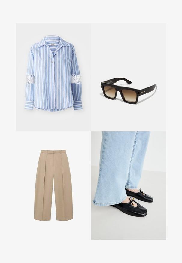 sandro HAUT - Button-down blouse - bleu/blanc; Beige, wide-leg trousers hanging vertically, featuring front pleats and a flat waistband, showcasing a neutral and elegant style.; Black leather ballet flats with a rounded toe, featuring a cutout and bow detail, worn with light blue wide-leg jeans.; Tortoiseshell sunglasses with a square frame, gradient brown lenses, and subtle gold hardware accents on the temples.