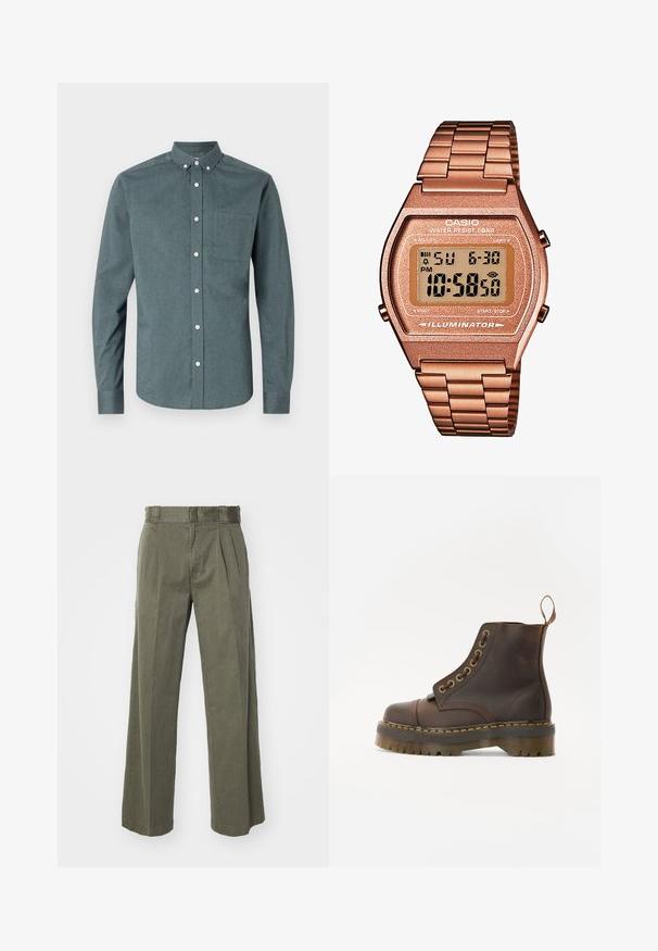 Košulja s dugim rukavima u tamno tirkiznoj boji, s dugim rukavima, kragnom na kopčanje, jednim džepom na prsima, s bijelim gumbima i teksturiranom tkaninom.; Maslinasto zelene hlače sa širokim, ležernim krojem i prednjim nabranim detaljima. Izrađene od teksturiranog materijala s klasičnim pojasom i bez vidljivih metalnih dijelova.; Smeđe kožne čizme do gležnja s okruglim vrhom, kontrastnim žutim šavovima, dekorativnim metalnim rupicama i zupčastom gumom.; Digitalni Casio sat s metalnom narukvicom u ružičastom zlatu, pravokutnim kućištem, osvijetljenim zaslonom i vodootpornošću, prikazuje vrijeme i datum.