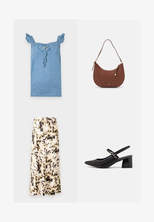 Light blue denim top with ruffled shoulder straps, a gathered neckline, and a drawstring tie at the front. Smooth texture, casual design.; A knee-length skirt in a light fabric with a beige, brown, and green abstract pattern. Features a fitted waistband and flowing design.; Black patent leather slingback heels with a pointed toe, a rounded cutout design, and a block heel. Features a gold-tone buckle accent.; Brown faux leather shoulder bag with curved shape, minimal stitching, and a gold-tone hardware accent. Features a top zipper closure and adjustable strap.