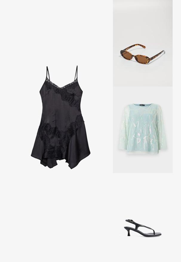 Hellbluse aus transparentem Stoff mit langen Ärmeln, verziert mit schillernden Quallen-Stickereien und Pailletten, rundem Ausschnitt und lockerer Passform.; Schwarzes Satin-Nachthemd mit Spitzenrand, verstellbaren Spaghetti-Trägern und ausgestelltem Saum, weicher Textur und dekorativen Rüschendetails.; Schwarze Ledersandale mit schlankem Design, dünnen Riemen und einem kleinen Absatz. Verfügt über eine Schnallenakzent und eine glatt strukturierten Fußbett.; Schildpatt-Sonnenbrille mit ovalen Rahmen, braunen Gläsern und schlanken schwarzen Bügeln mit subtilen Musterakzenten.; Schwarze, strukturierte Tragetasche mit kurzen Griffen, ausgestattet mit einem goldenen Verschluss und Akzenten. Das Design ist strukturiert und weist eine geometrische Silhouette auf.