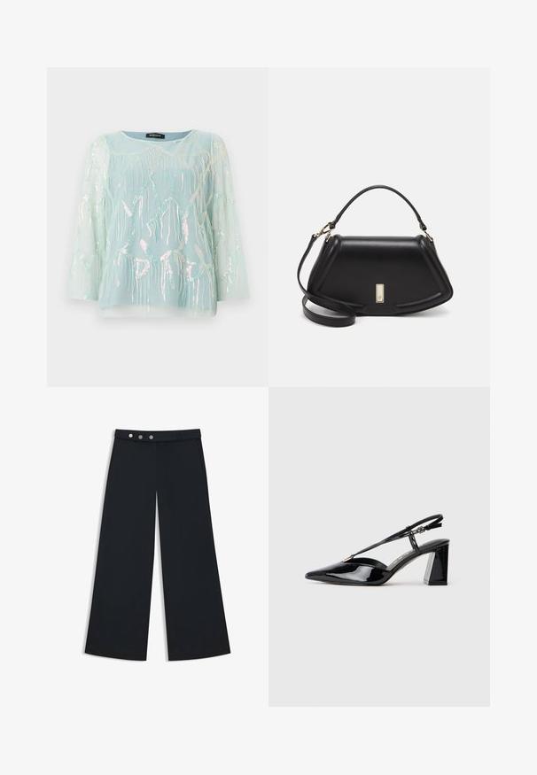 Hellbluse aus transparentem Stoff mit langen Ärmeln, verziert mit schillernden Quallen-Stickereien und Pailletten, rundem Ausschnitt und lockerer Passform.; Weite schwarze Hosen mit glatter Textur, ausgestattet mit einem flachen Bund, einem doppelten Knopfverschluss und seitlichen Taschen.; Schwarze lackleder Slingback-High-Heels mit spitz zulaufender Zehenpartie, verstellbarem Riemen und klobigem rechteckigem Absatz.; Schwarze Lederhandtasche mit einem strukturierten Design, das eine verkürzte Form, einen oberen Griff und goldfarbene Hardware-Details aufweist. Verstellbarer Schulterriemen ist enthalten.