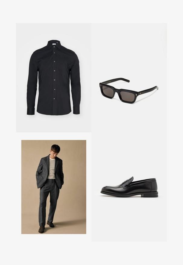 Černá košile s dlouhým rukávem a klasickým límečkem. Vyrobena z hladké látky, má přední knoflíky a zaoblené manžety.; Šedý oblek na míru s klopami a předními kapsami, spárovaný se pruhovanou košilí. Kalhoty mají uvolněný střih a záhyb. Hnědé boty.; Černé kožené polobotky s hladkou texturou, zaoblenou špičkou a zdobným páskem přes nárt. Nízký stohovaný podpatek, minimalistický design.; Černé obdélníkové sluneční brýle s tmavými skly, silným plastovým rámem, zlatými akcenty na spáncích a vyrytým logem značky na nožičce.