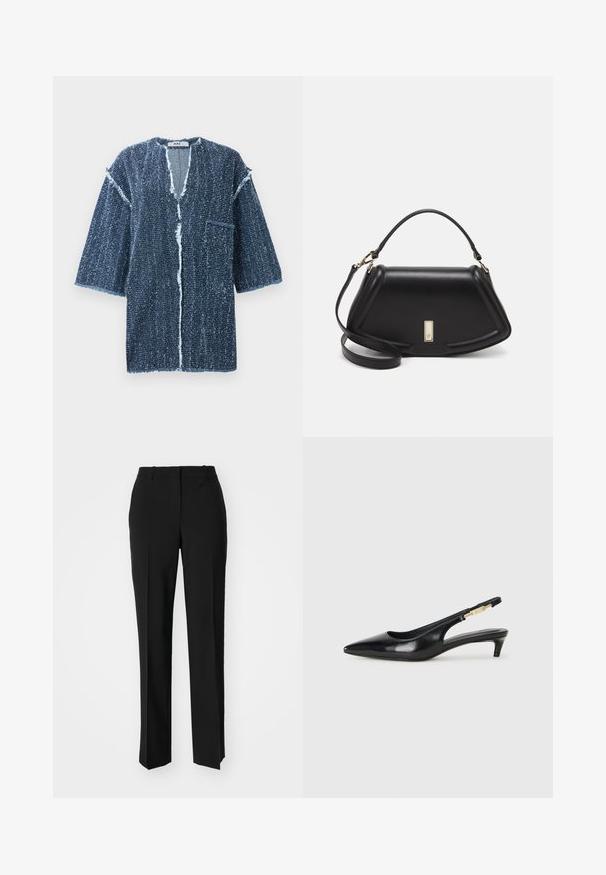 Mørkeblå, tekstureret kortærmet jakke med V-hals, flossede kanter, lomme foran og en løs pasform. Designet med åben front.; Sorte skræddersyede bukser med lige ben-design, der har en glat tekstur og skarpe folder langs fronten. Ingen synlige hardware.; Sorte læder slingback hæle med spids tå, der har en slank hæl og en guldfarvet detalje på den justerbare rem. Glat tekstur.; Sort læderhåndtaske med en struktureret design, der har en kortet form, tophåndtag og guld hardware-accenter. Justerbar skulderrem inkluderet.
