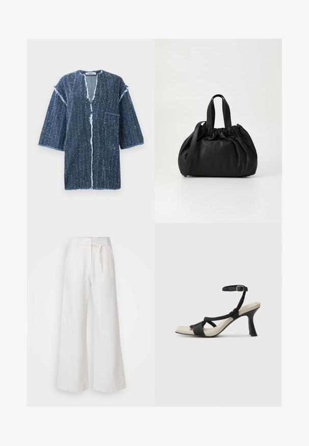 Mørkeblå, tekstureret kortærmet jakke med V-hals, flossede kanter, lomme foran og en løs pasform. Designet med åben front.; DAY Birger et Mikkelsen TERRI SOLID - Bukser - cloud cream; Sorte hælede sandal med flettet remdesign, firkantet tå og justerbar ankelrem. Lys beige fodseng med en blank sort hæl.; Sort læderhåndtaske med en samlet topdesign, der har to korte håndtag og en lang justerbar rem. Glat overflade, rund form.