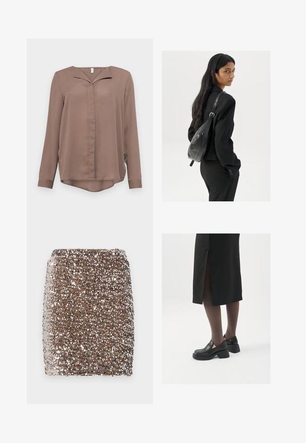 ONLY ONLTIANA LIFE LOOSE - Camicetta - brown lentil; Mini gonna marrone in paillettes con un design aderente, coperta di paillettes argentate riflettenti, che creano un effetto testurizzato e scintillante.; Scarpe in pelle nera con punta arrotondata, tacco spesso a blocco e accenti laterali in elastico, abbinate a collant scuri e una gonna nera con uno spacco.; Donna con lunghi capelli scuri, vestita con un completo nero, che porta una borsa a tracolla in pelle nera, mentre guarda oltre la spalla su uno sfondo bianco.; Orecchini a cerchio in argento con un design minimalista. Forma circolare, superficie liscia e profilo sottile. Leggeri con una finitura lucida.